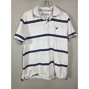 American Eagle Mens XL Vtg Fit Eagle Polo Shirt White Navy Blue Striped Cotton